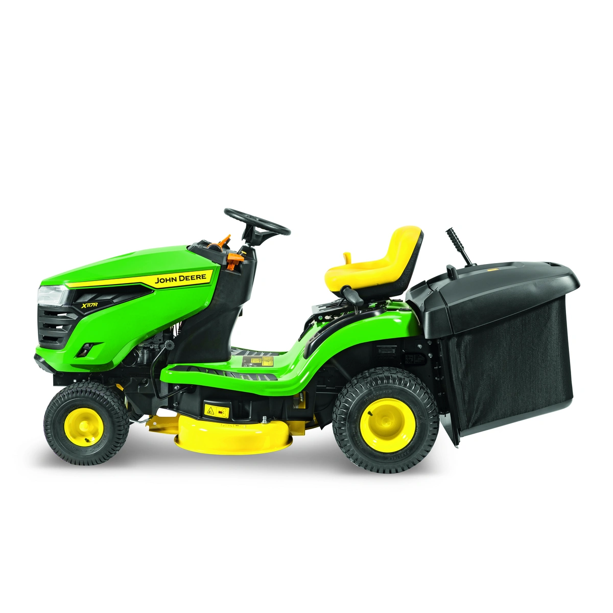 John Deere X117R to kompaktowa kosiarka samojezdna stworzona do wygodnego koszenia średnich i większych trawników.