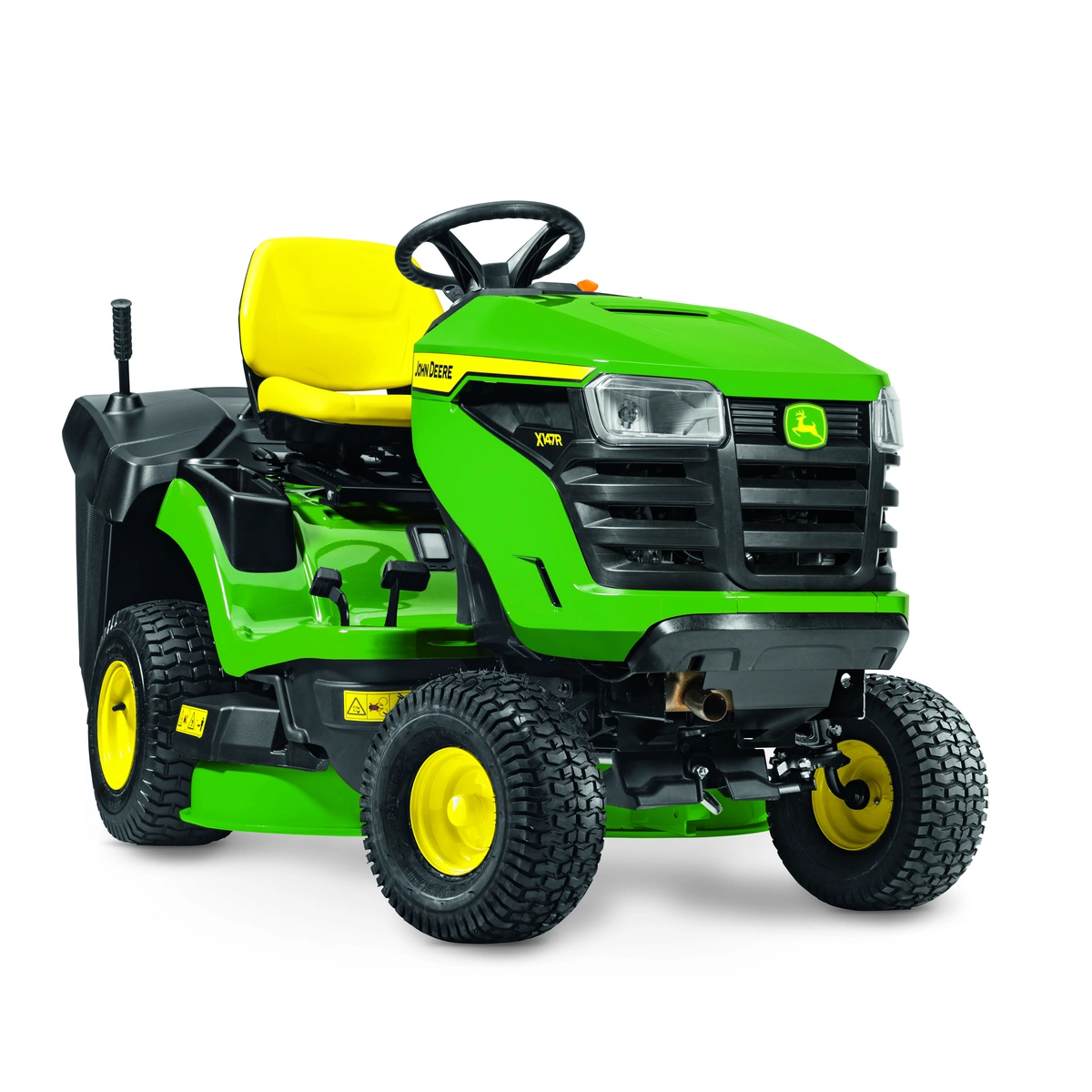 John Deere X147R to kosiarka samojezdna z tylnym koszem, zaprojektowana do wygodnego koszenia średnich i większych trawników.