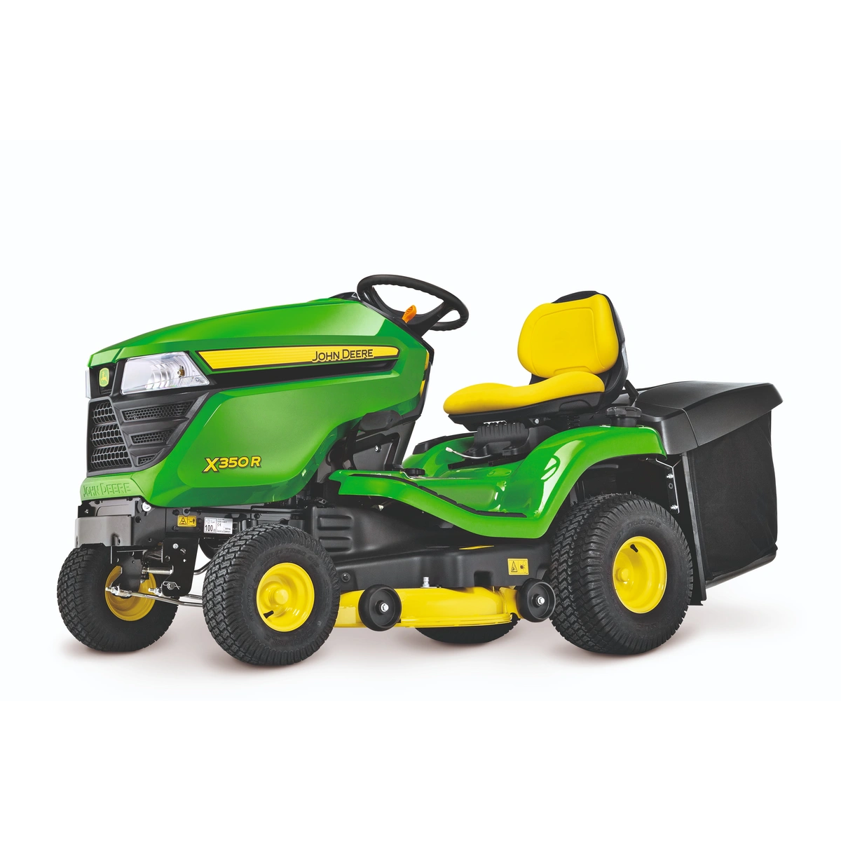 John Deere X350R to kosiarka samojezdna klasy wyższej z tylnym wyrzutem i tylnym zbieraniem.